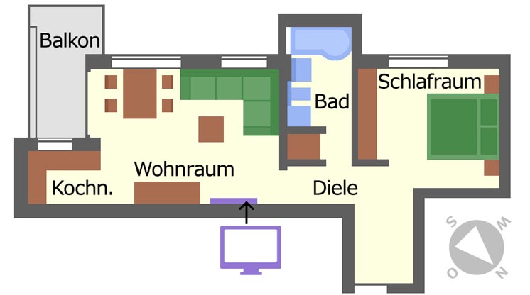 Grundriss der FeWo mit Balkon, Kochnische, Wohnraum, Bad, Schlafzimmer und Diele